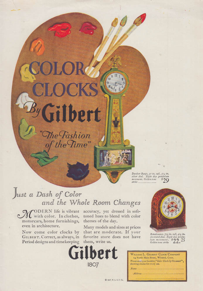Image for A Dash of Color & the Whole Room Changes: Gilbert Clocks ad 1928