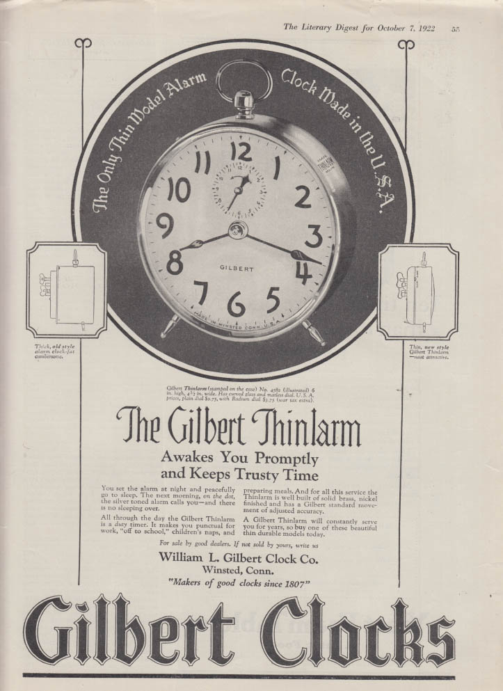 Image for Awakes You Promptly & Keeps Trusty Time: Gilbert Thinlarm alarm clock ad 1922