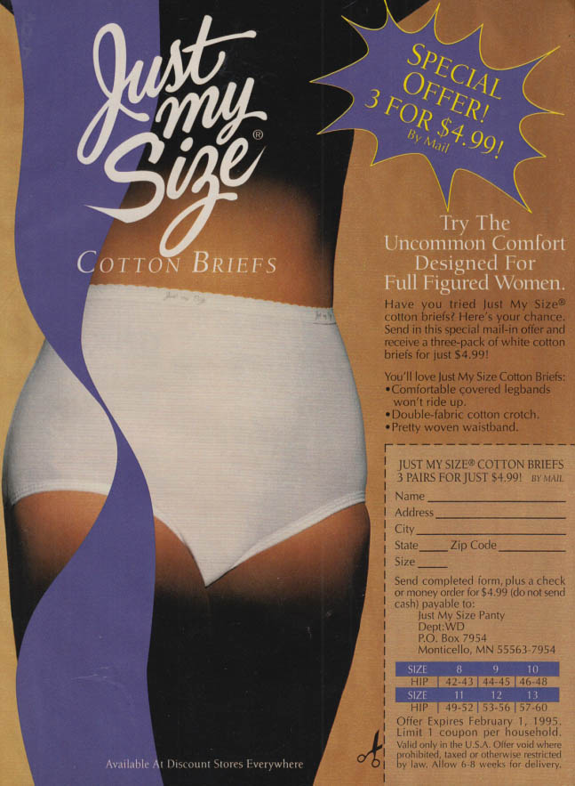 Uncommon Comfort for Full Figured Women: Just My Size Briefs panties ad 1994