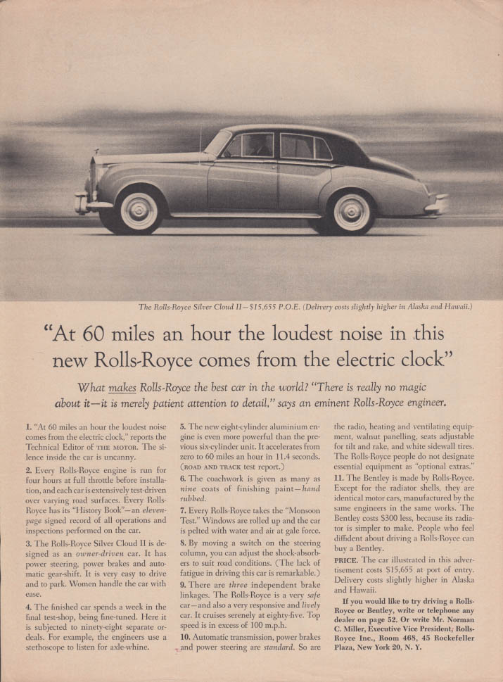 Image for At 60 miles an hour the loudest noise Rolls-Royce Silver Cloud II ad 1961 NY