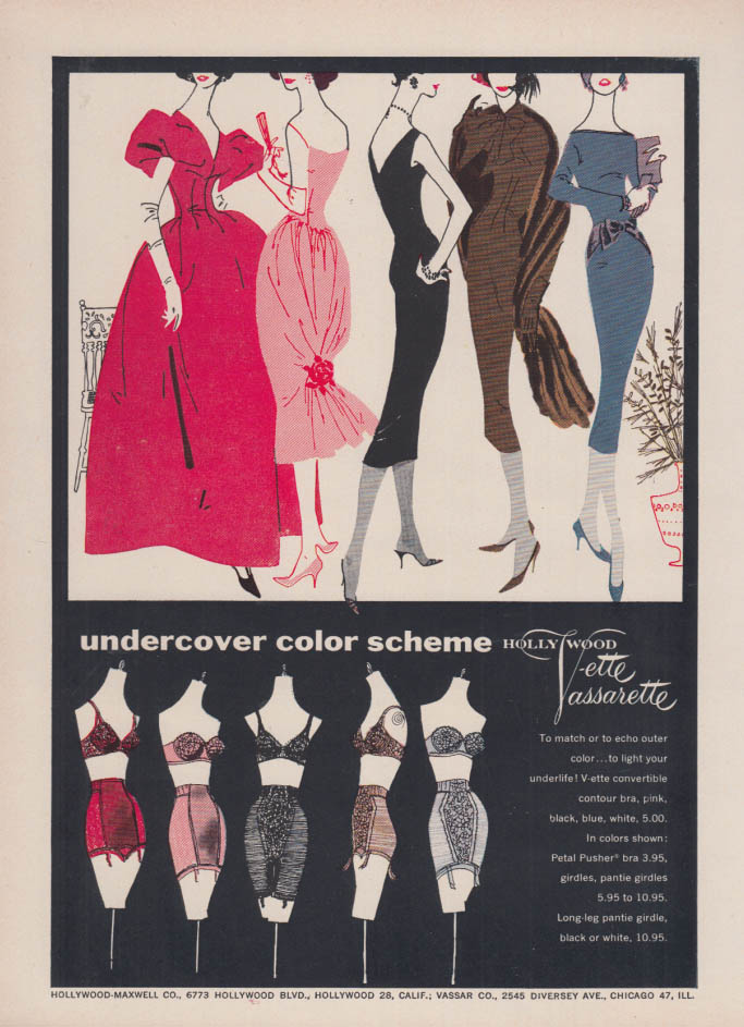 Undercover color scheme Hollywood Vassarette bra & girdle ad 1957 NY