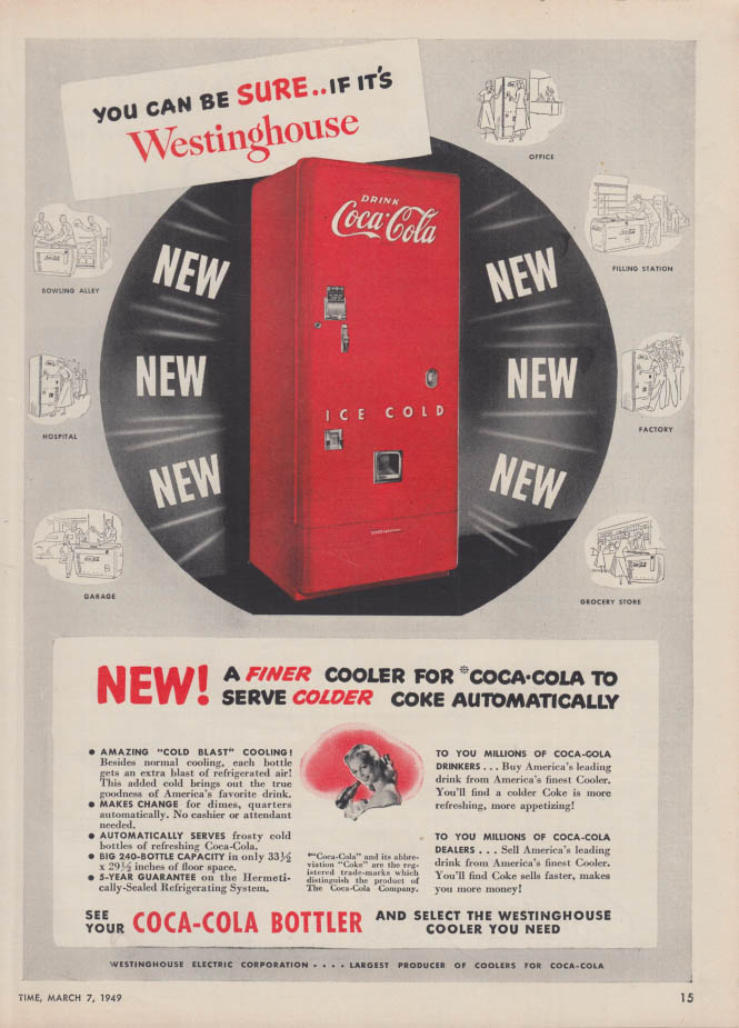Image for A finer cooler vending machine for Coca-Cola: westinghouse ad 1949 T