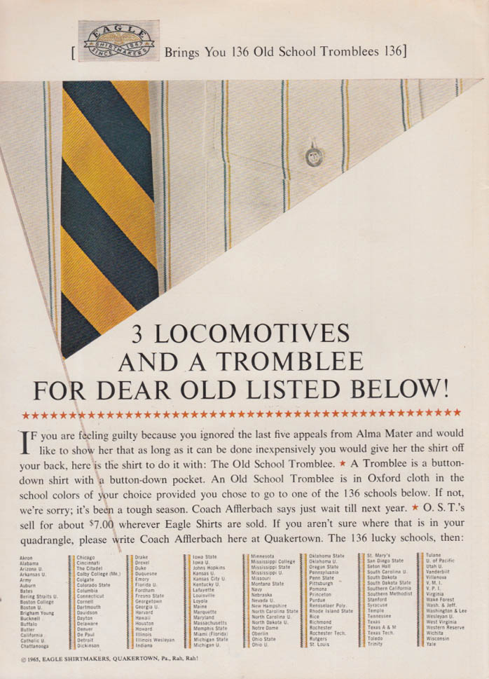 Image for 3 Locomotives & a Tromblee Eagle Shirt for your Alma Mater ad 1965 NY