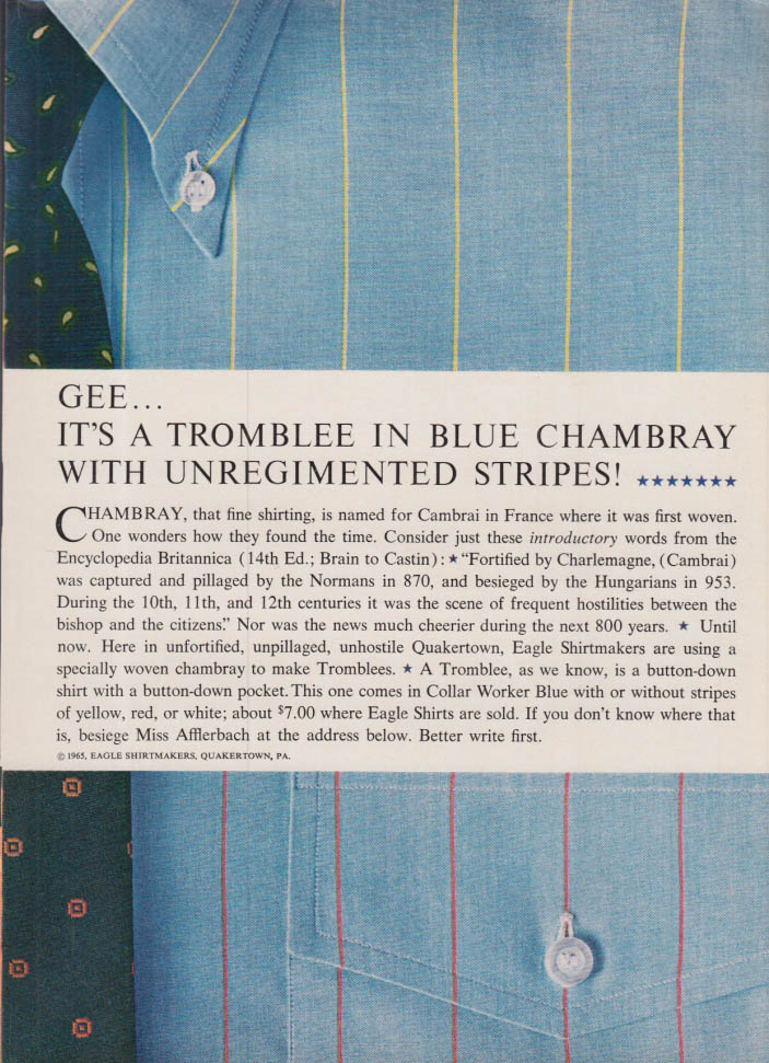 Image for A Tromblee in Blue Chambray with Unregimented Stripes Eagle Shirt ad 1965