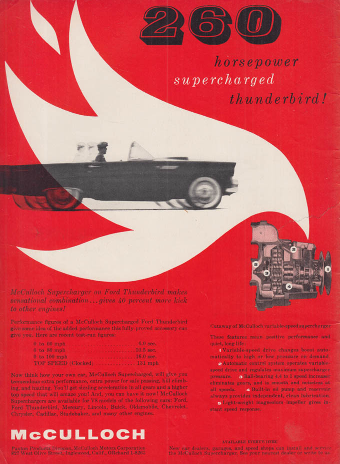 Image for 260-horsepower supercharged Ford Thunderbird: McCulloch ad 1955