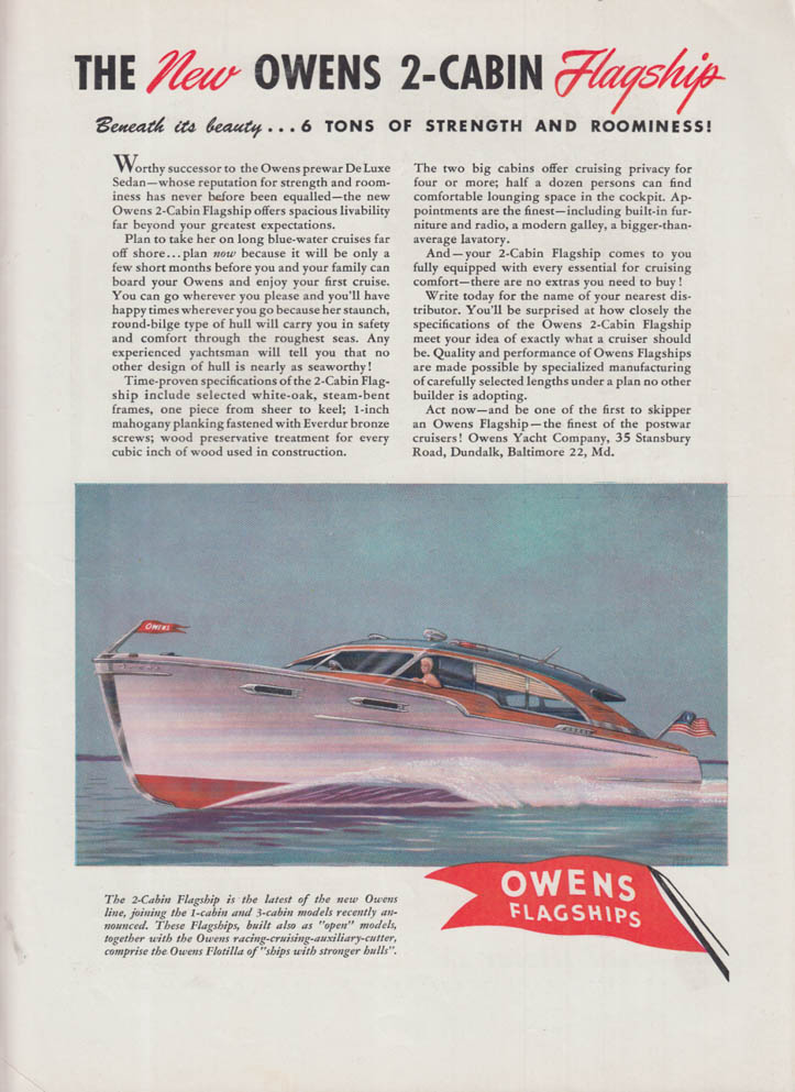 Image for 6 tons of strength & roominess Owens 2-Cabin Flagship power boat ad 1945