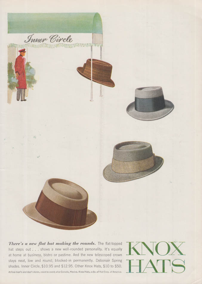 Image for A new flat hat is making the rounds: Knox Inner Circle men's hat ad 1957 NY