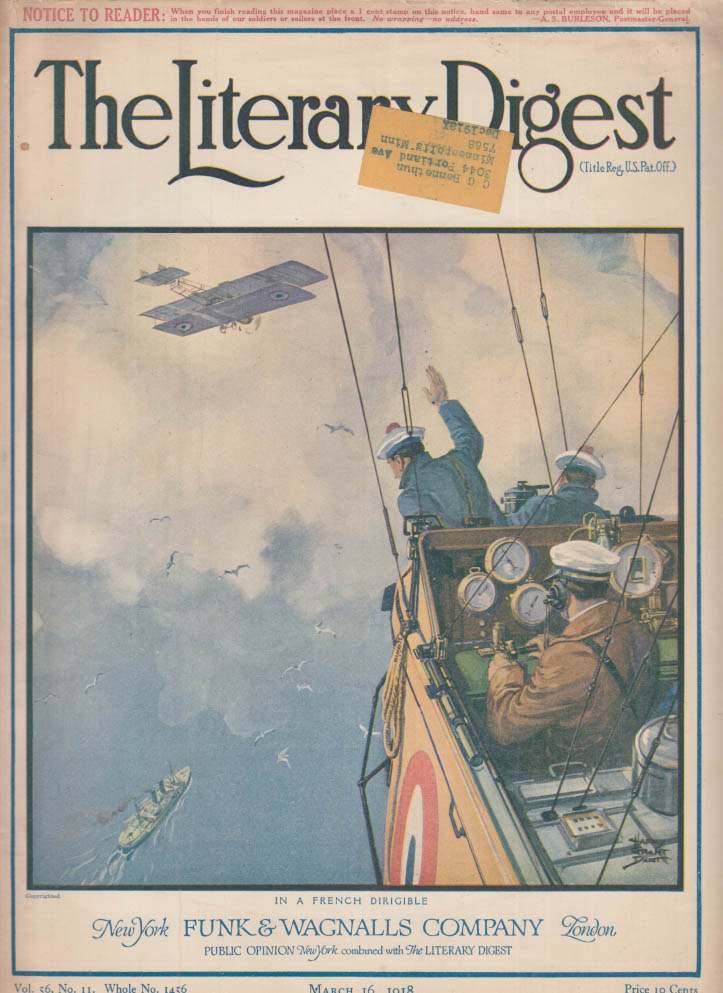 Image for LITERARY DIGEST COVER 3/16 1918 French dirigible over German freighter by Dartt