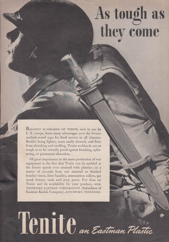 Image for As tough as they come: Eastman Plastic Tenite Bayonet Scabbard ad 1942