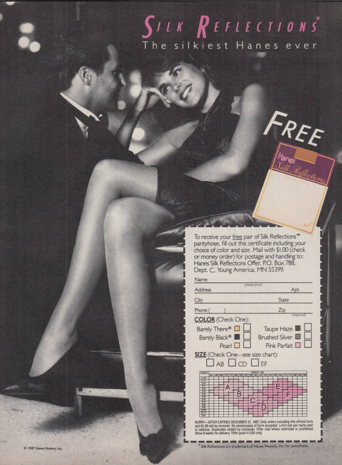 Silk Reflections Pantyhose free offer by Hanes ad 1987