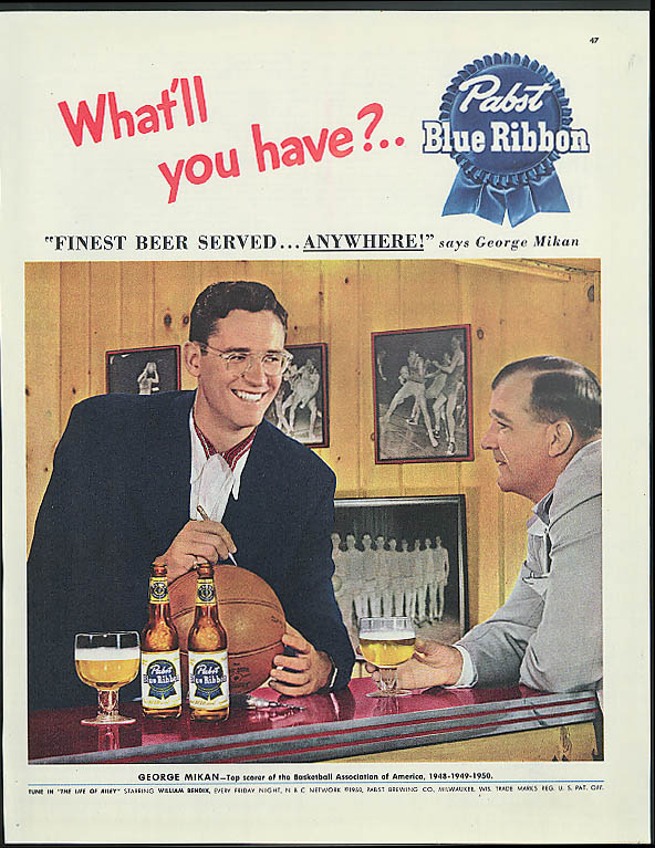 Minneapolis Lakers George Mikan for Pabst Blue Ribbon Beer ad 1950