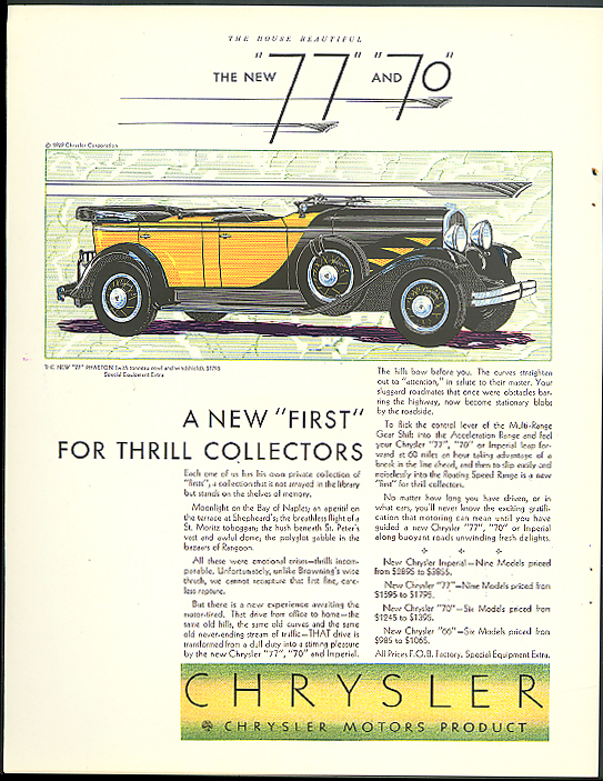 Image for A new first for thrill collectors Chrysler 77 Phaeton ad 1930