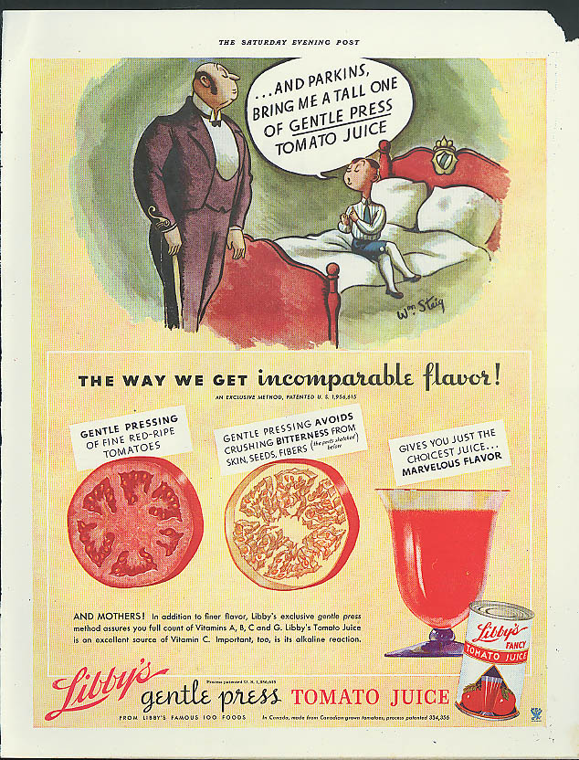Image for A tall one of Gentle Press Libby's Tomato Juice, Parkins ad 1934 Wm Steig art