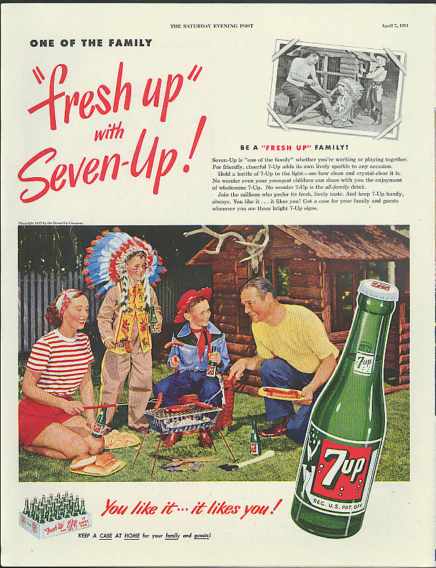 Image for Fresh up with Seven-up 7 UP ad 1951 Cowboys & headdress cookout