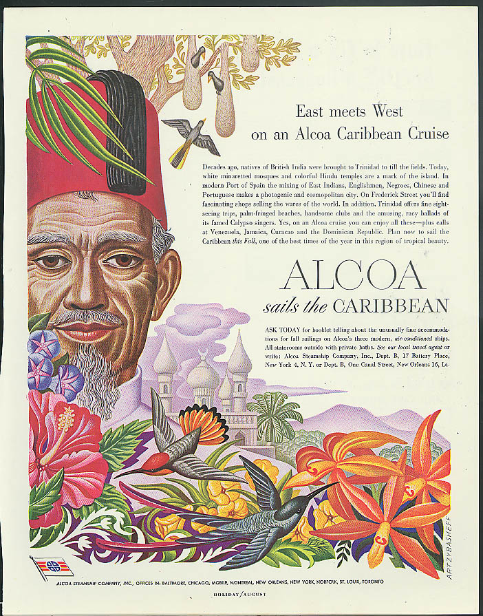 Image for Alcoa Steamship ad 1949 Trinidad man in fez & hummingbirds by Artzybasheff