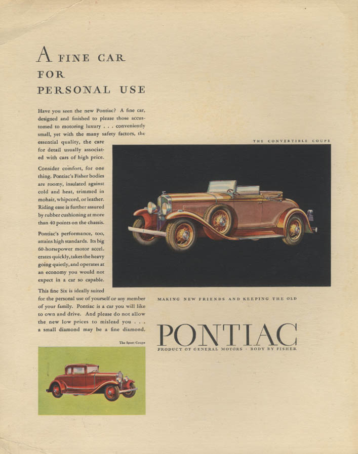 Image for A Fine Car for Personal Use Pontiac Convertible Coupe ad 1931
