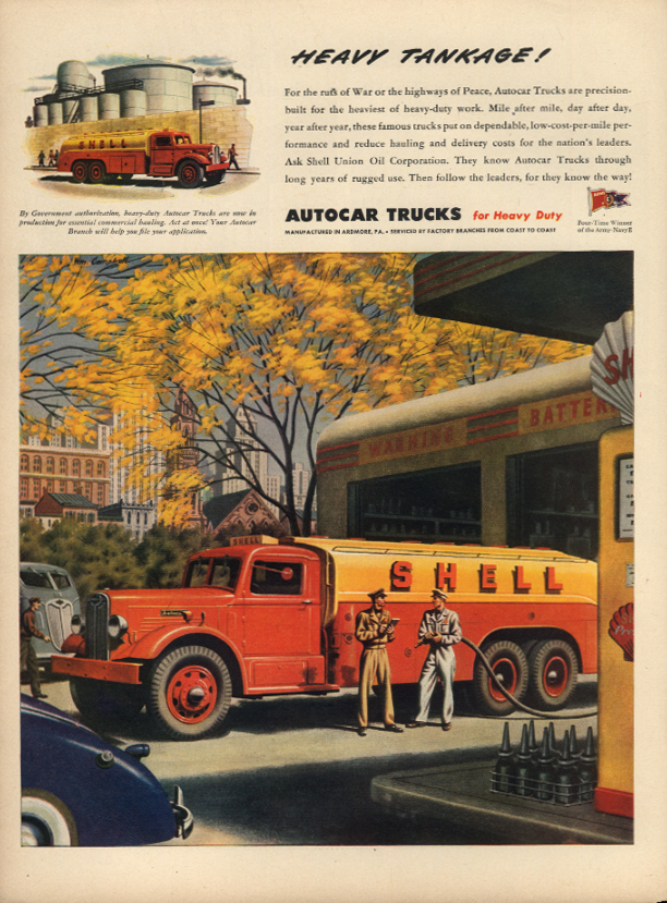 Image for Heavy Tankage! Autocar Gasoline Tanker for Shell Union Oil ad 1945 L