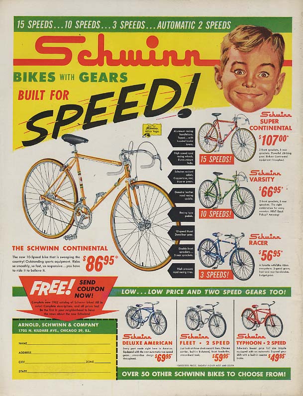 Image for Built for speed! Schwinn Continental Varsity Racer Fleet + bicycle ad 1962 BL