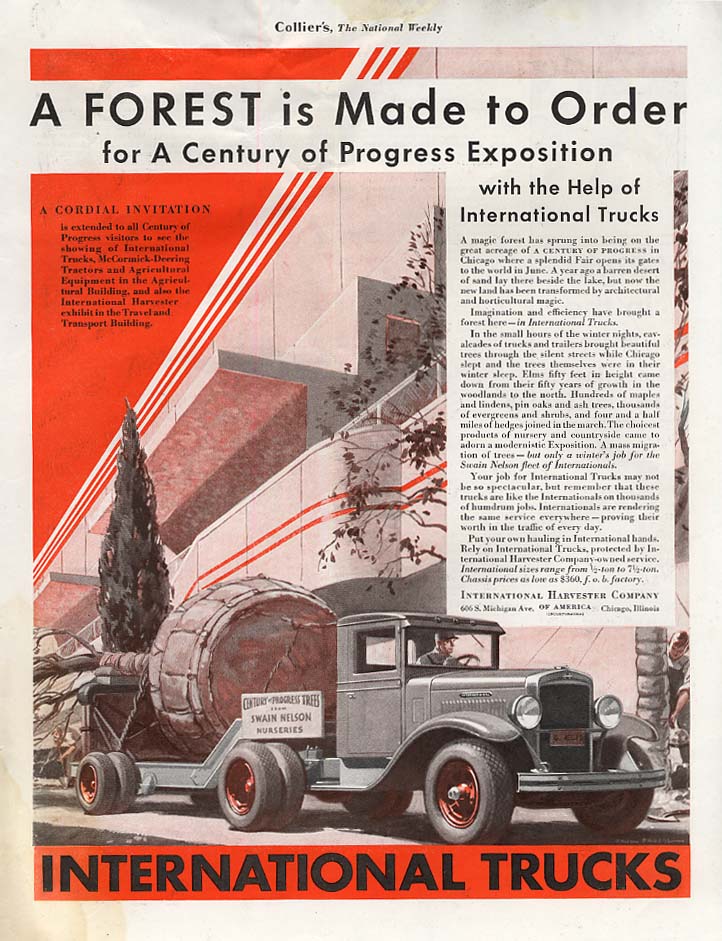 Image for A Forest Made to Order Century of Progress Expo International Truck ad 1933 Col