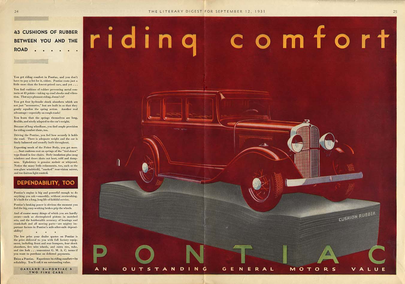 Image for 43 Cushions of Rubber for Riding Comfort - Pontiac 4-door sedan ad 1931 LD