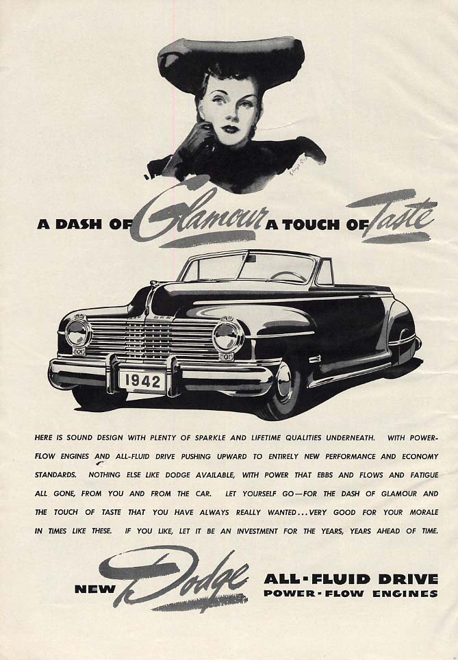 Image for A Dash of Glamour - A Touch of Taste - Dodge Convertible ad 1942 ESQ