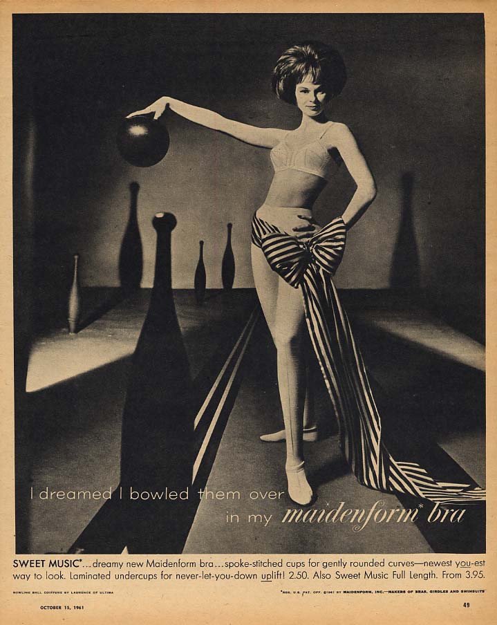 I dreamed I bowled them over in my Maidenform Bra ad 1961 NYT