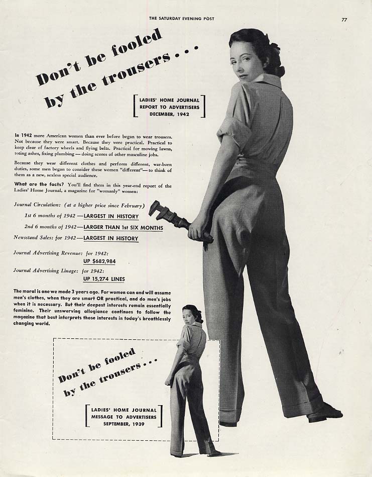 Image for Don?t be fooled by the trousers - woman war worker Ladies Home Journal ad 1942