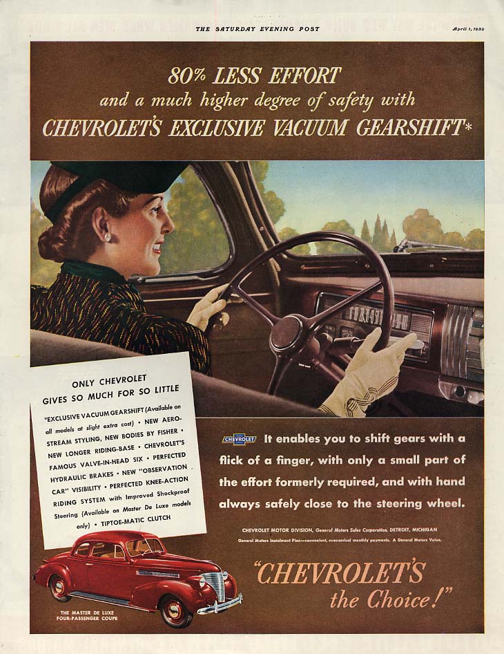 Image for 80% less effort with Vacuum Gearshift - Chevrolet Coupe ad 1939 SEP