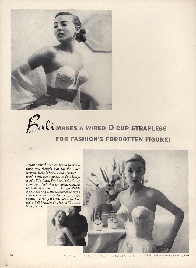 For Fashion's Forgotten Figure: Bali Wired D-Cup Strapless Bra ad 1953 Vog