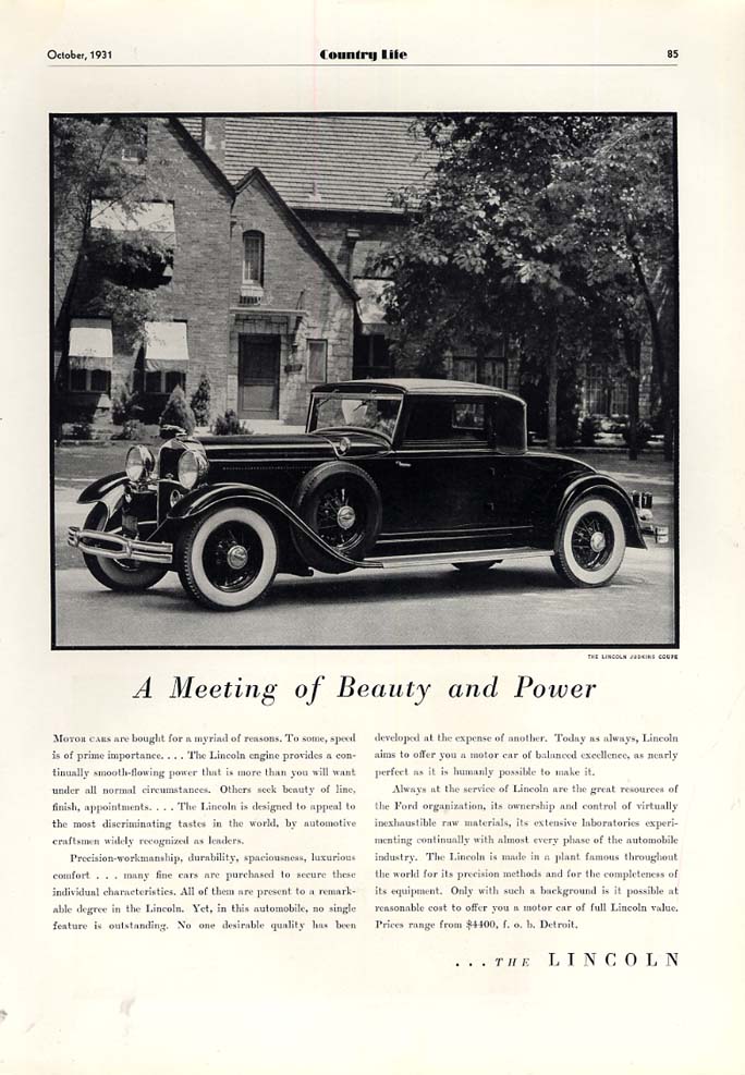 Image for A Meeting of Beauty & Power: Lincoln Judkins Coupe ad 1931 CL