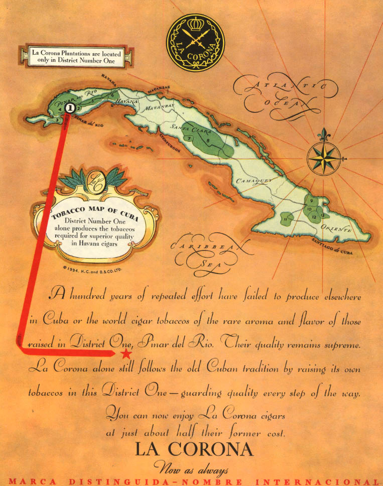 Image for A hundred years of repeated effort: La Corona Cigars map of Cuba ad 1934 F
