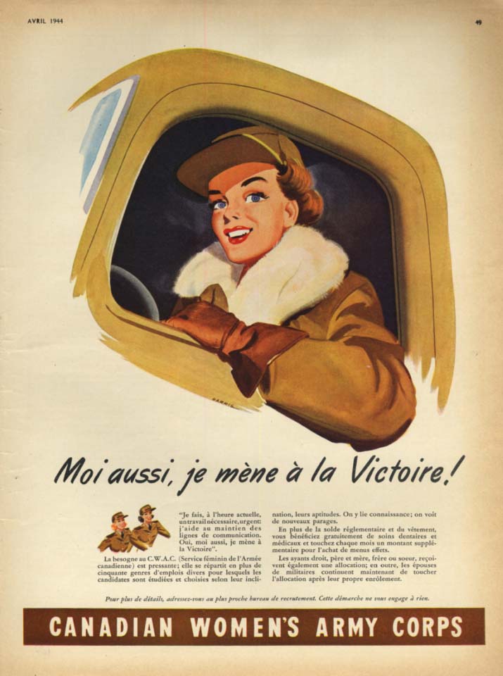 Image for Canadian Women's Army Corps ad 1944 Moi aussi, je mene a la Victoire!