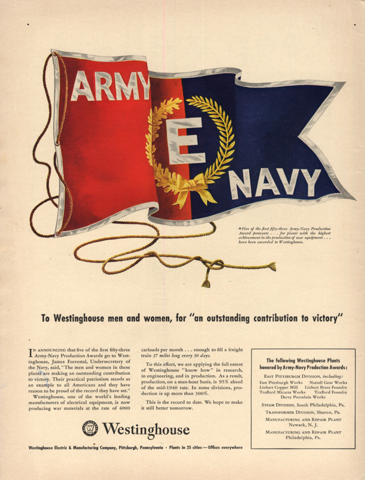 Image for Army-Navy E-Award for Westinghouse men & women ad 1942 L