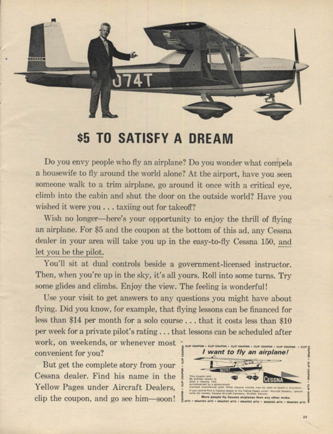 Image for $5 to satisfy a dream Cessna 150 ad 1965 L