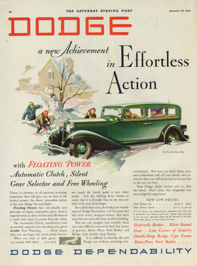Image for A new achievement in Effortless Action: Dodge Six Sedan ad 1932 SEP