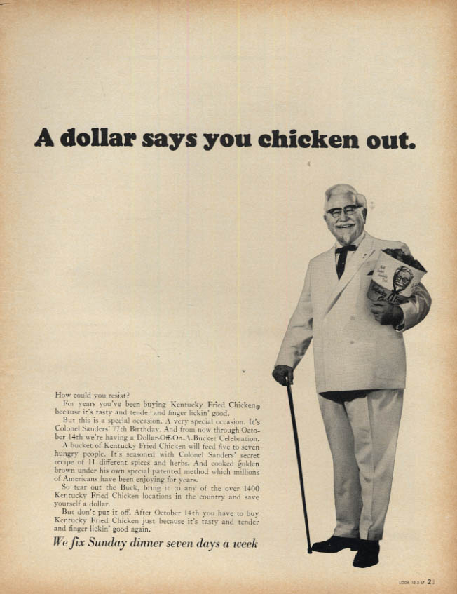 Image for A dollar says you chicken out Colonel Sanders Kentucky Fried Chicken ad 1967 LK