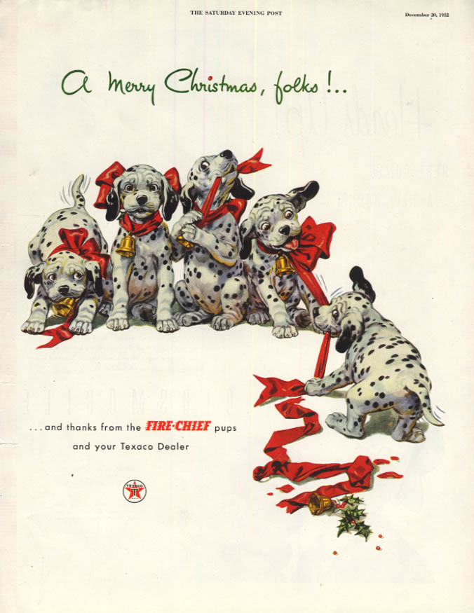 Image for A Merry Christmas, folks! Texaco Gasoline Dalmatian Puppies & ribbon ad 1952 var