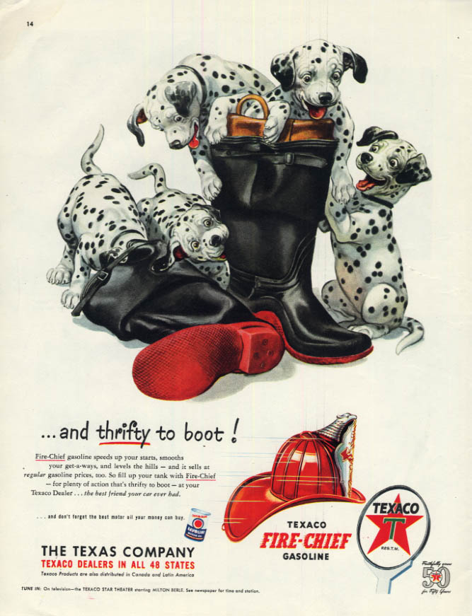 Image for and thrifty to boot! Texaco Gasoline Dalmatian Puppies fireman's boot ad 1952 Co