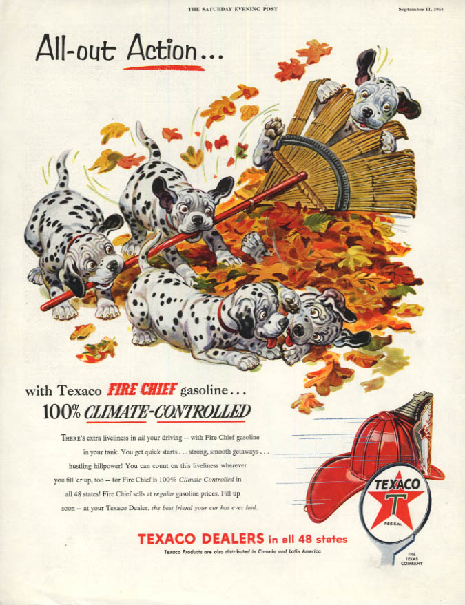 Image for All-out action! Texaco Gasoline Dalmatian Puppies with leaf rake ad 1954 var