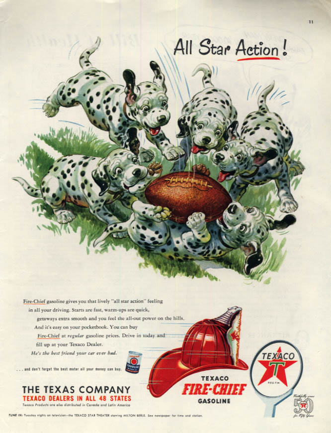 Image for All Star Action! Texaco Gasoline Dalmatian Puppies wrestle football ad 1952 Col