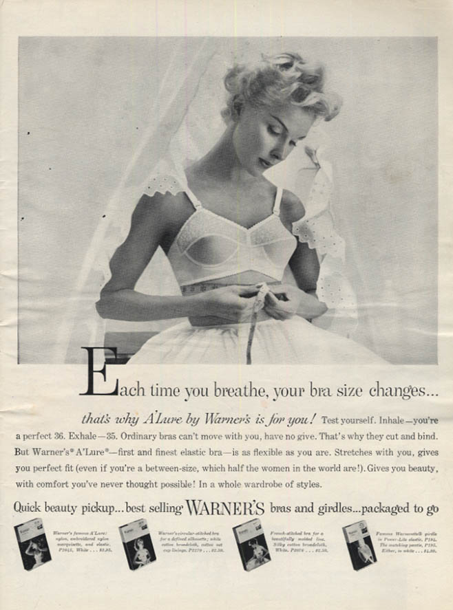 Each time you breathe your bra size changes Warner's A'lure Bra ad 1957 L