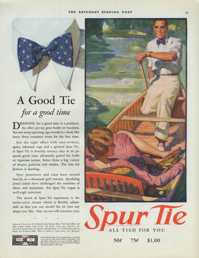 Image for A Good Tie for a good time Spur Bow Tie All Tied for You ad 1929 canoeist SEP