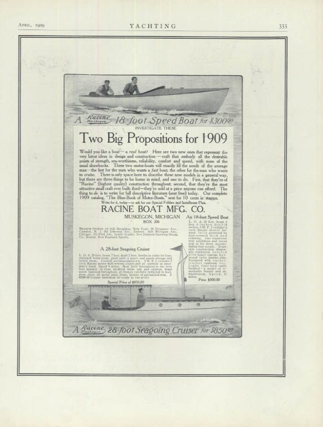 Image for 2 Big Propositions Racine 18-foot Speedboat 28-foot Seagoing Cruiser ad 1909 Y