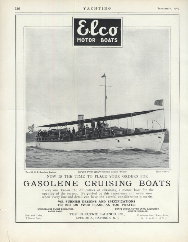 Image for 93-foot Motor Yacht Dixie gasolene cruising boat Elco Motor Boats ad 1907