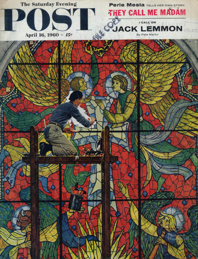 Image for SATURDAY EVENING POST COVER 4/16 1960 Stained glass window fixed Norman Rockwell