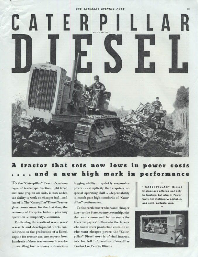 Image for A tractor that sets new low in power costs Caterpillar Diesel ad 1933 SEP