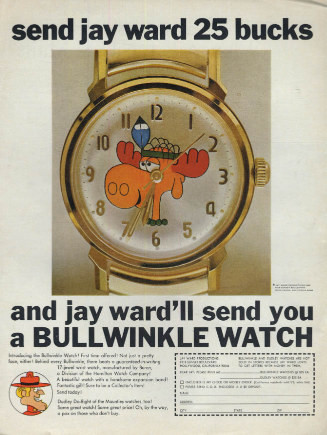 Image for Send Jay Ward 25 bucks & he'll send you a Bullwinkle Watch ad 1969 L