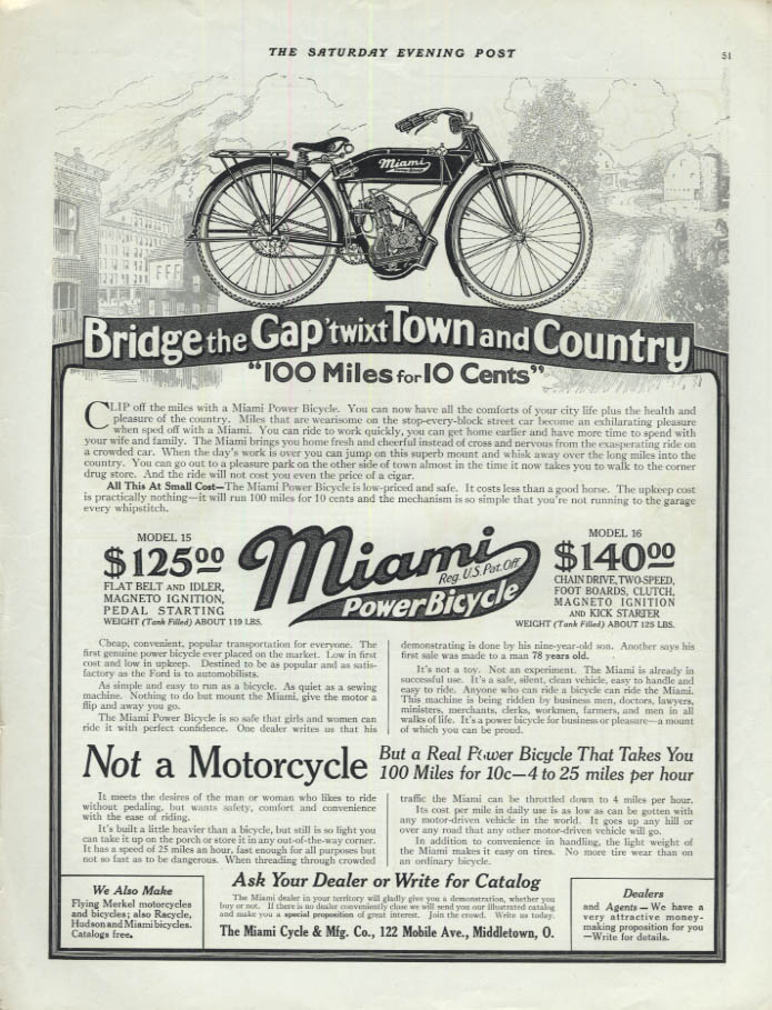 Image for Bridge the gap twixt Town & Country - Miami Power Bicycle ad 1915 SEP