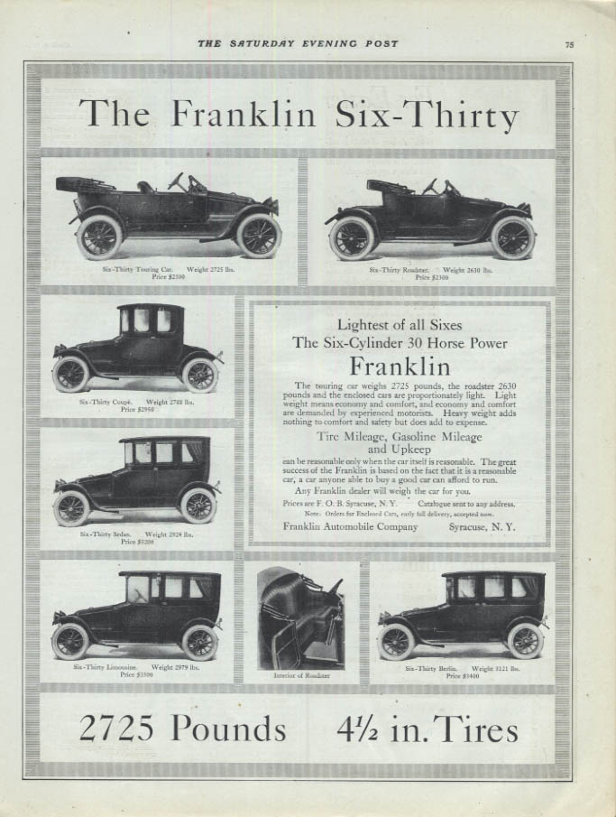 Image for 2725 Pounds 4 1/2" Tires Lightest of All Sixes Franklin Six-Thirty ad 1914 SEP