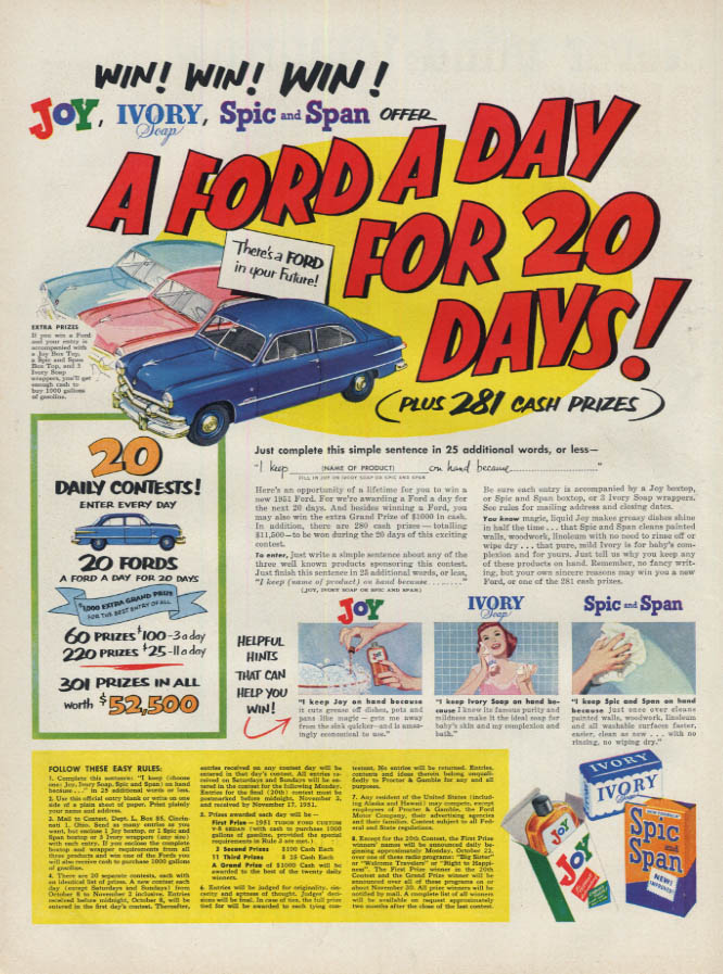 Image for A Ford a Day for 20 Days! Joy Ivory Soap Spic & Span Contest ad 1951 L